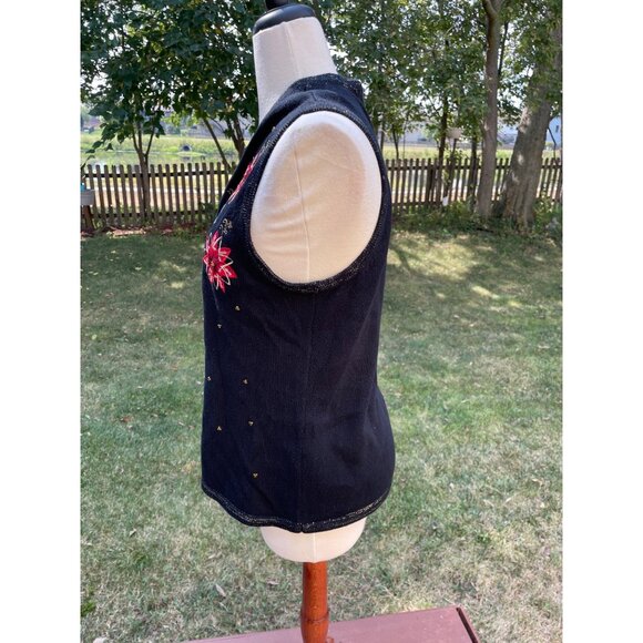 Merry & Bright Womens Medium Sleeveless Black Knit Vest Festive Floral Embroider - Picture 4 of 8